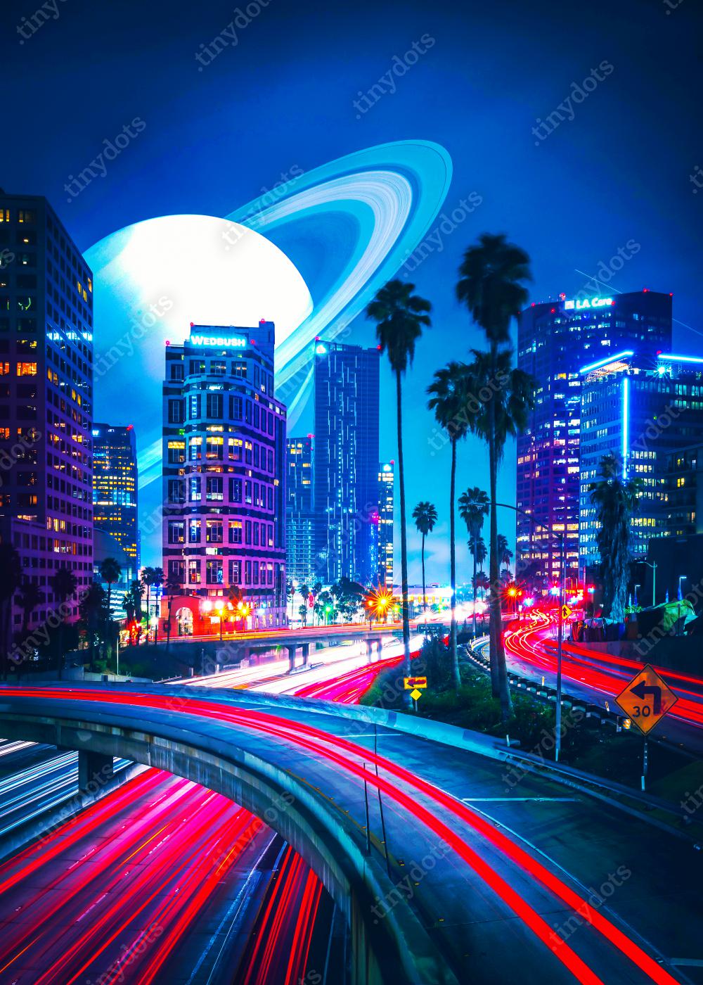 Plakat w ramie Jamesgvposters - Roads to Saturn - Neonowe miasto z dużymi lampami