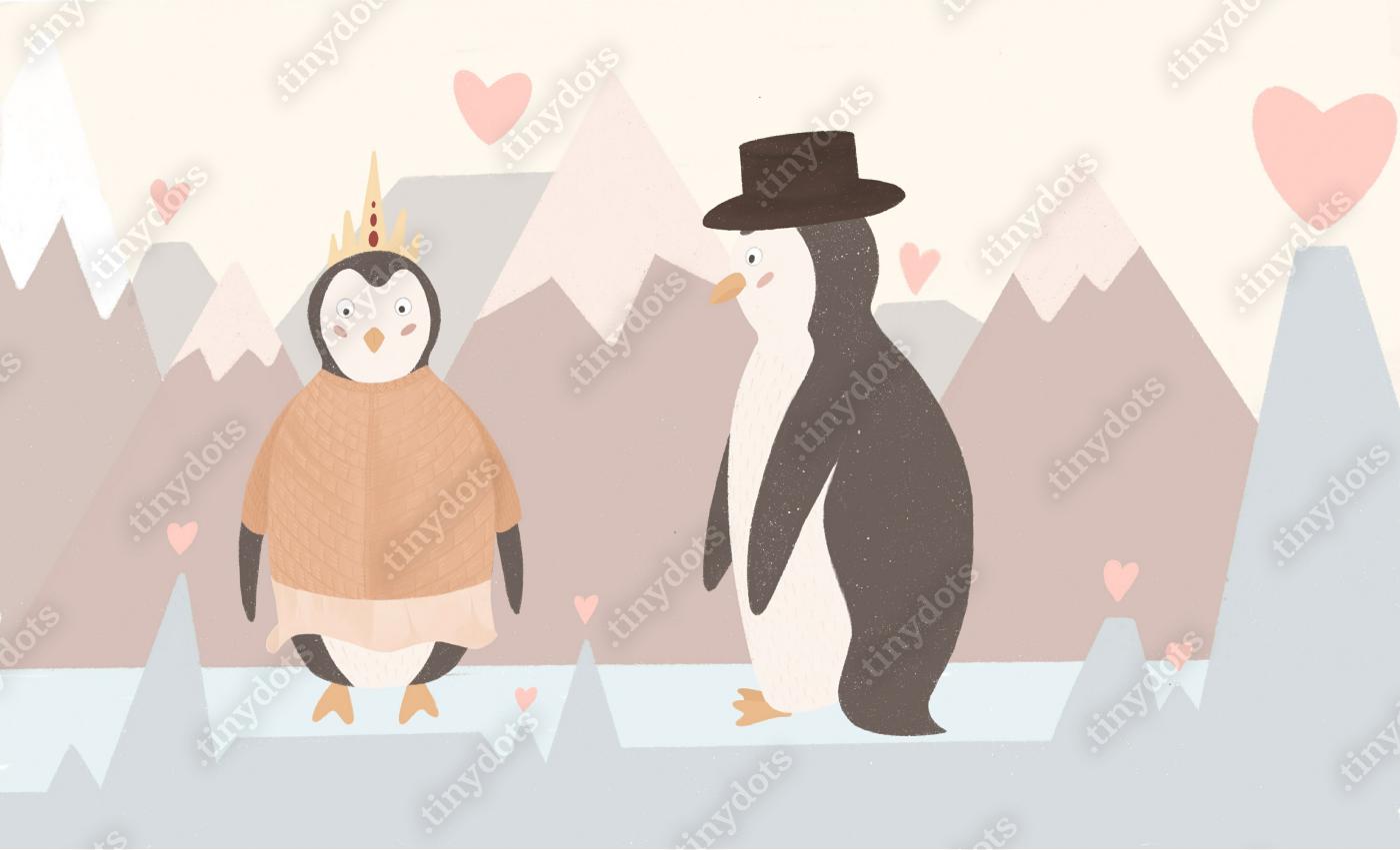 Fototapeta Ilustracja dla dzieci przedstawiająca zakochane pingwiny. Symbol Walentynek