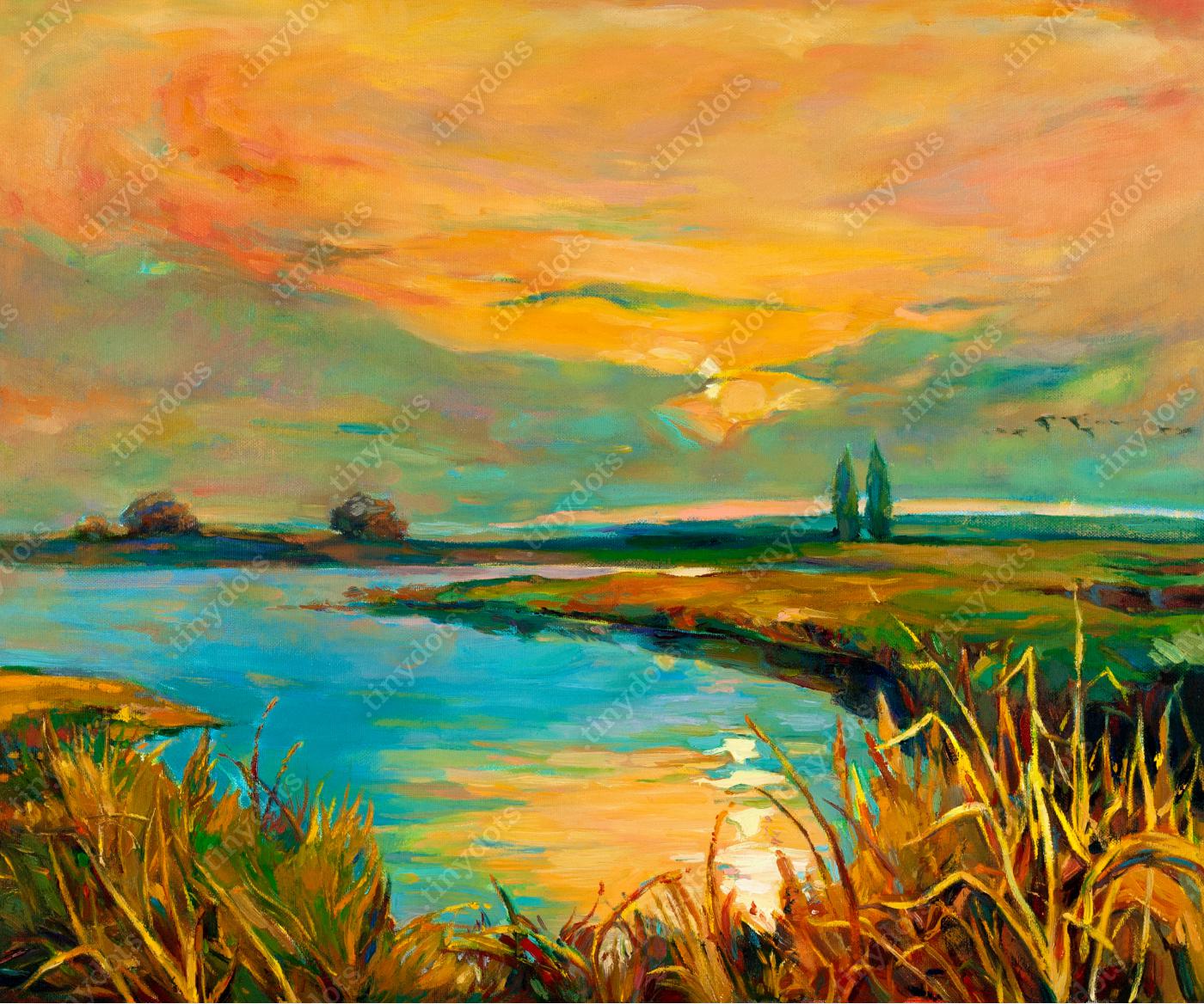 Obraz na płótnie w ramie Zachód słońca nad jeziorem