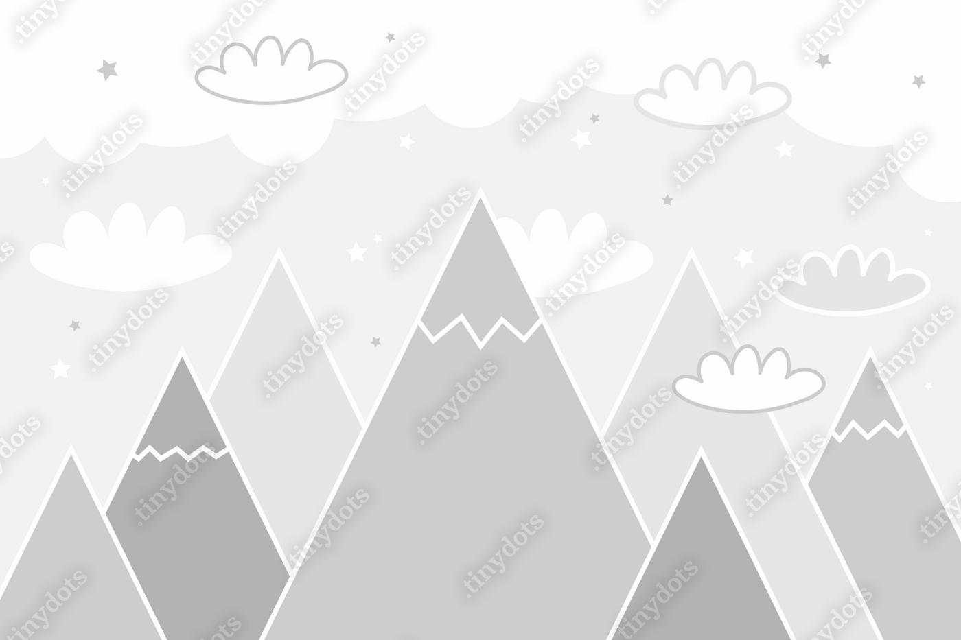 Fototapeta Wektor kolor dzieci ręcznie rysowane doodle góry ilustracji w stylu skandynawskim. Krajobraz górski, chmury. Fototapeta dla dzieci. Krajobraz górski, projekt pokoju dziecięcego, wystrój ścian. Mural.