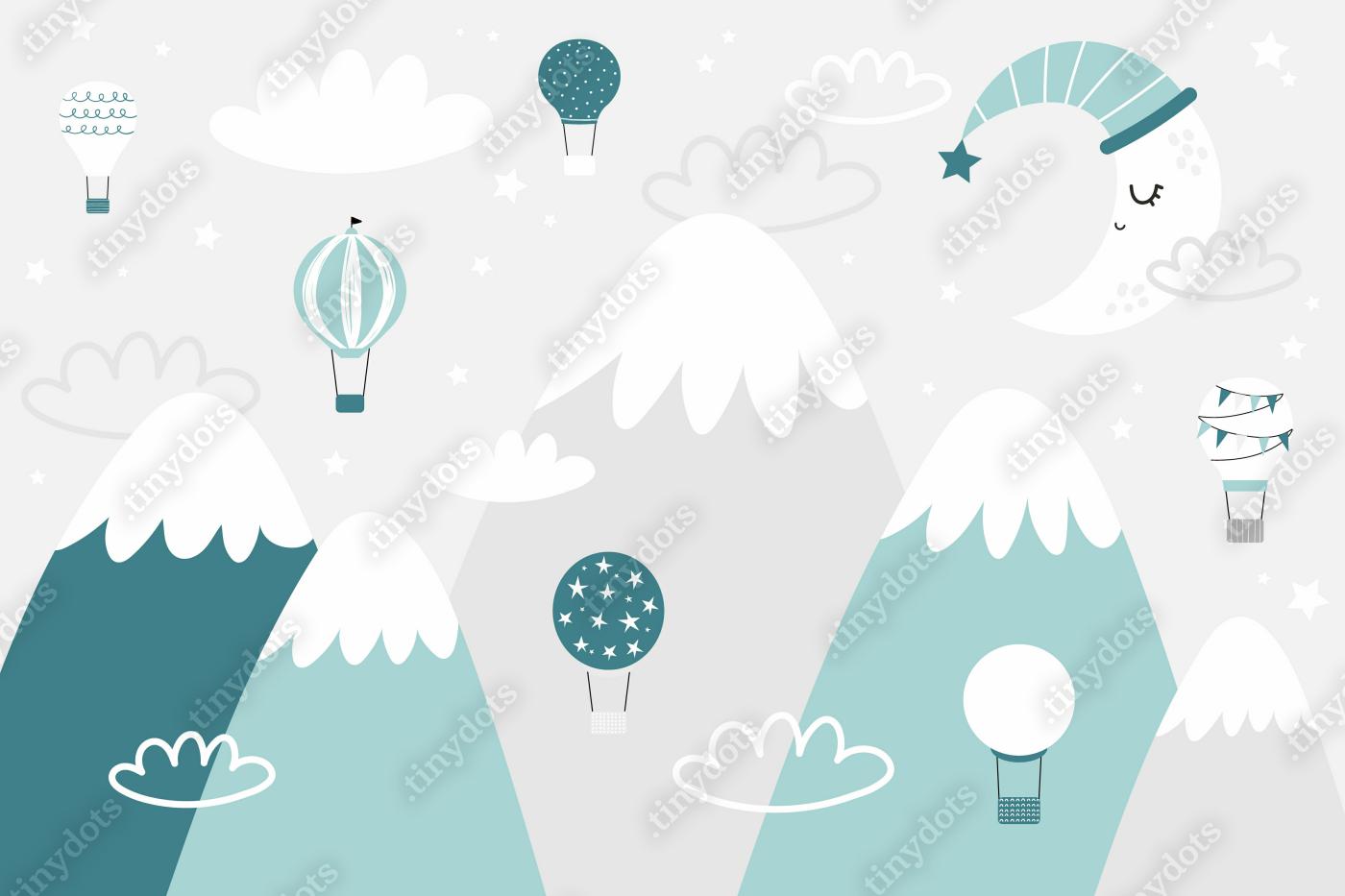 Fototapeta Wektor dzieci ręcznie rysowane doodle góry ilustracji w stylu skandynawskim. Krajobraz górski, chmury, balony powietrzne i cute księżyca. Fototapeta dla dzieci. Krajobraz górski, projekt pokoju dziecka, wystrój ścian.