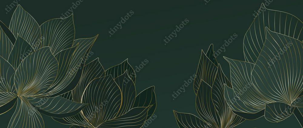 Fototapeta Luksusowe ciemnozielone tło artystyczne z kwiatami lotosu w stylu złotej linii. Elegancki baner botaniczny dla projektu tapety, ściany, wystroju domu, opakowania